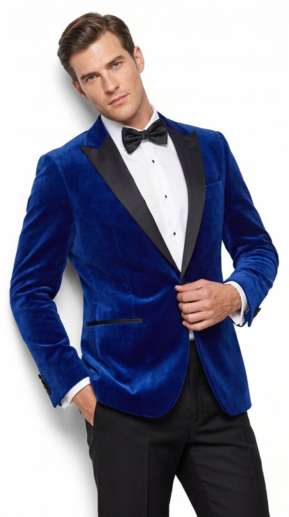 Men’s Royal Blue Velvet Tuxedo Dinner Jacket with Black Shawl Lapel Formal Blazer