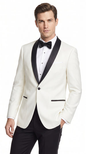 Men’s Cream and Black Shawl Lapel Tuxedo Jacket, Designer Formal Dinner Blazer