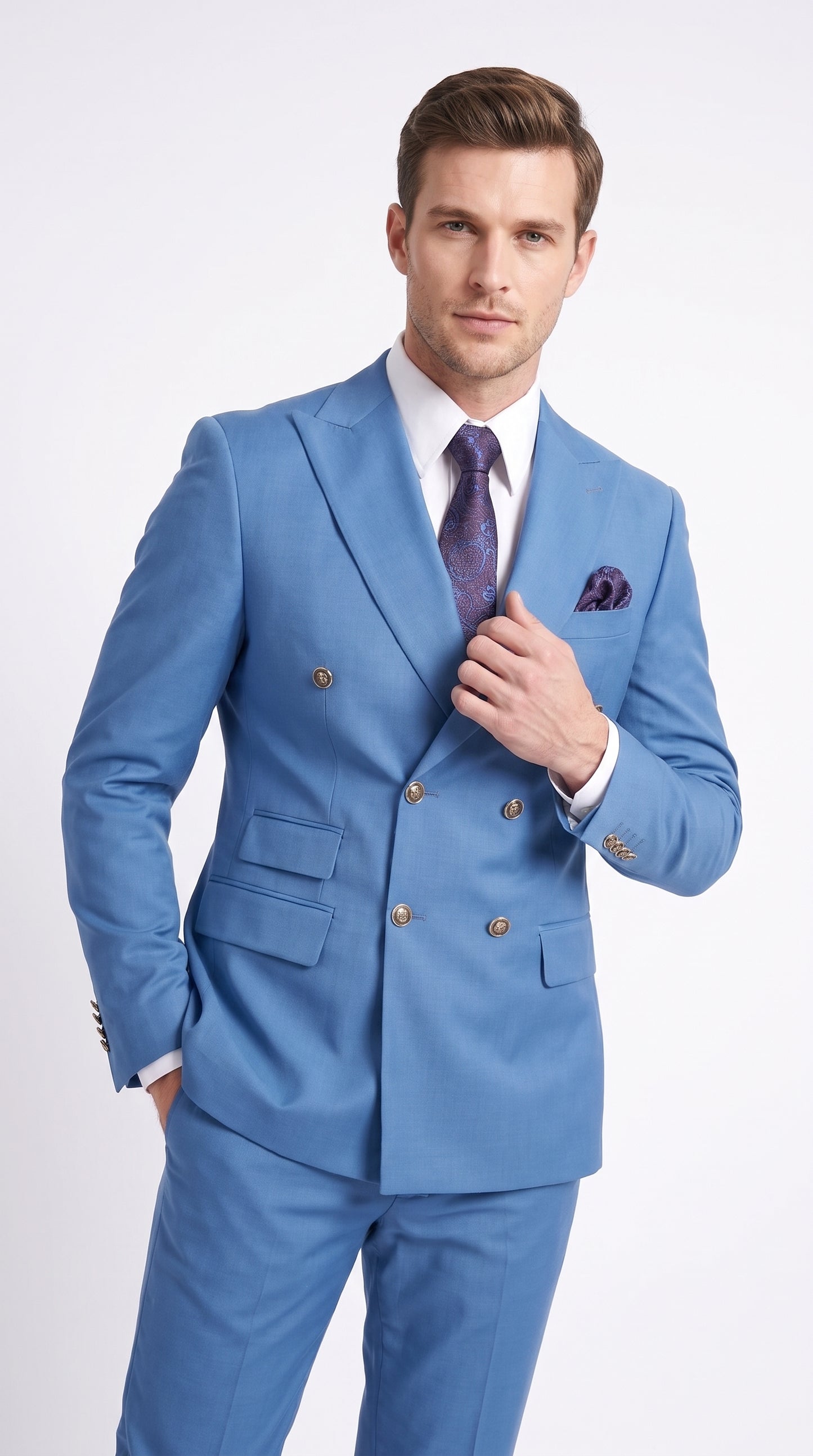 Men’s Sky Blue Double Breasted Suit with Gold Buttons, Designer Formal Wedding Business Suit