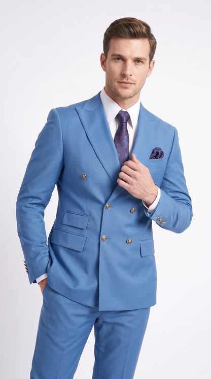 Men’s Sky Blue Double Breasted Suit with Gold Buttons, Designer Formal Wedding Business Suit
