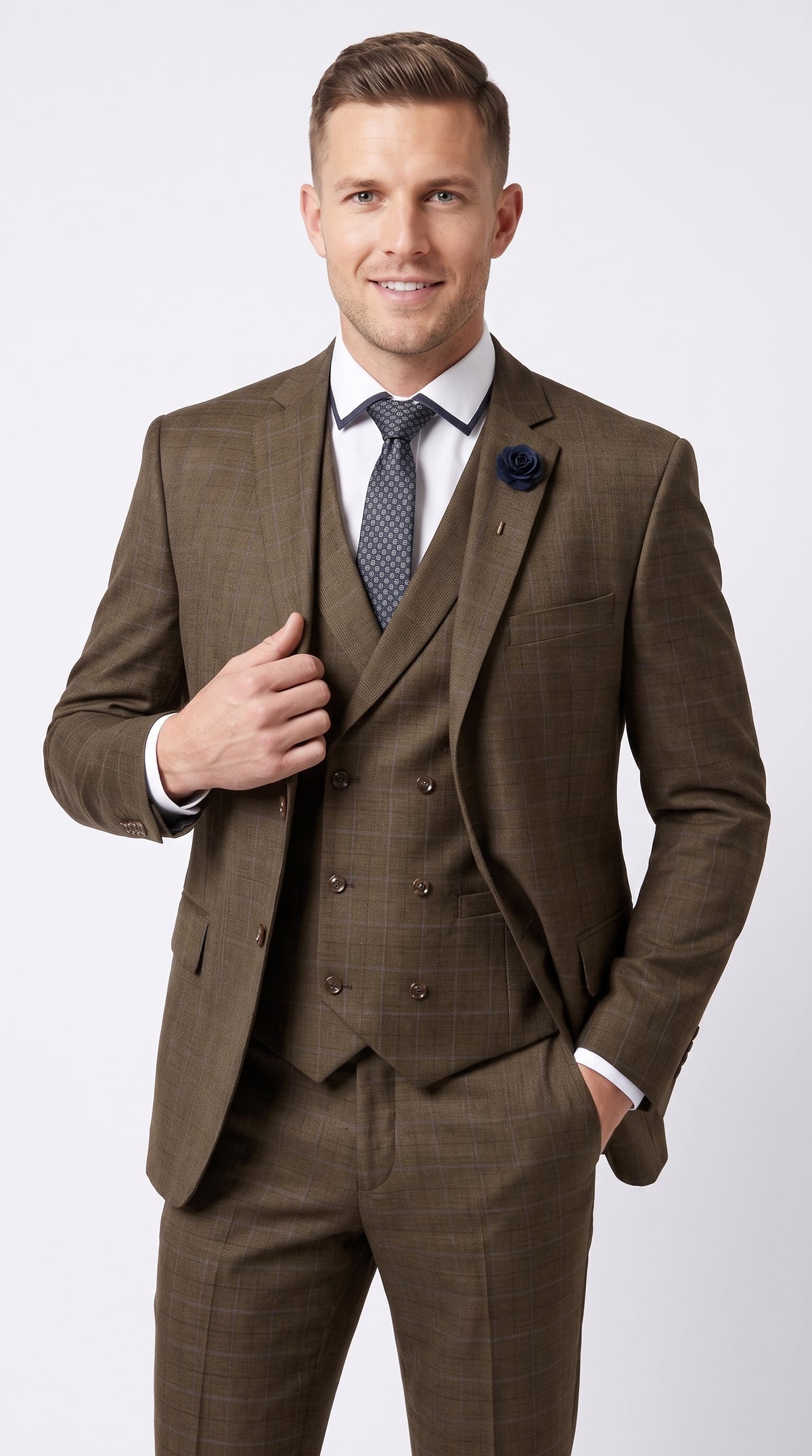 Men’s Taupe Brown Plaid 3 Piece Suit, Double Breasted Vest V2RW-13 Formal Wedding Suit