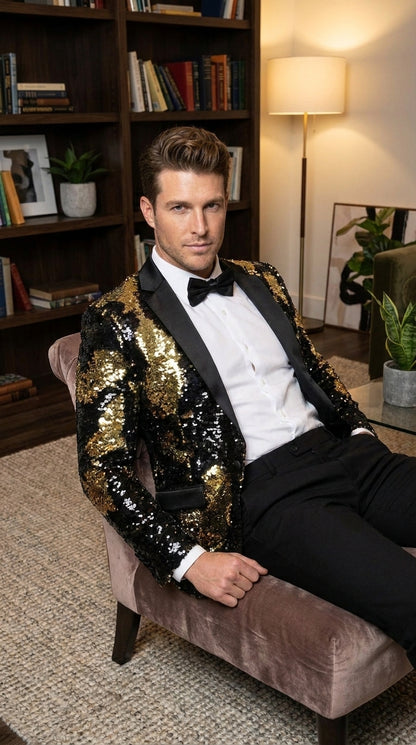 Men’s Black and Gold Reversible Sequin Blazer, Formal Party Dinner Jacket for Prom and Stage Events