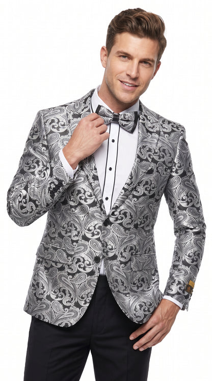 Men’s Silver Grey & Black Paisley Dinner Jacket – Formal Tuxedo Blazer