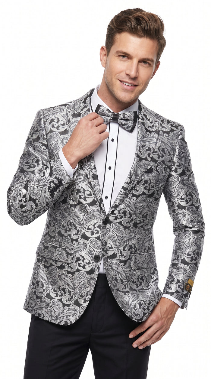 Men’s Silver Grey & Black Paisley Dinner Jacket – Formal Tuxedo Blazer