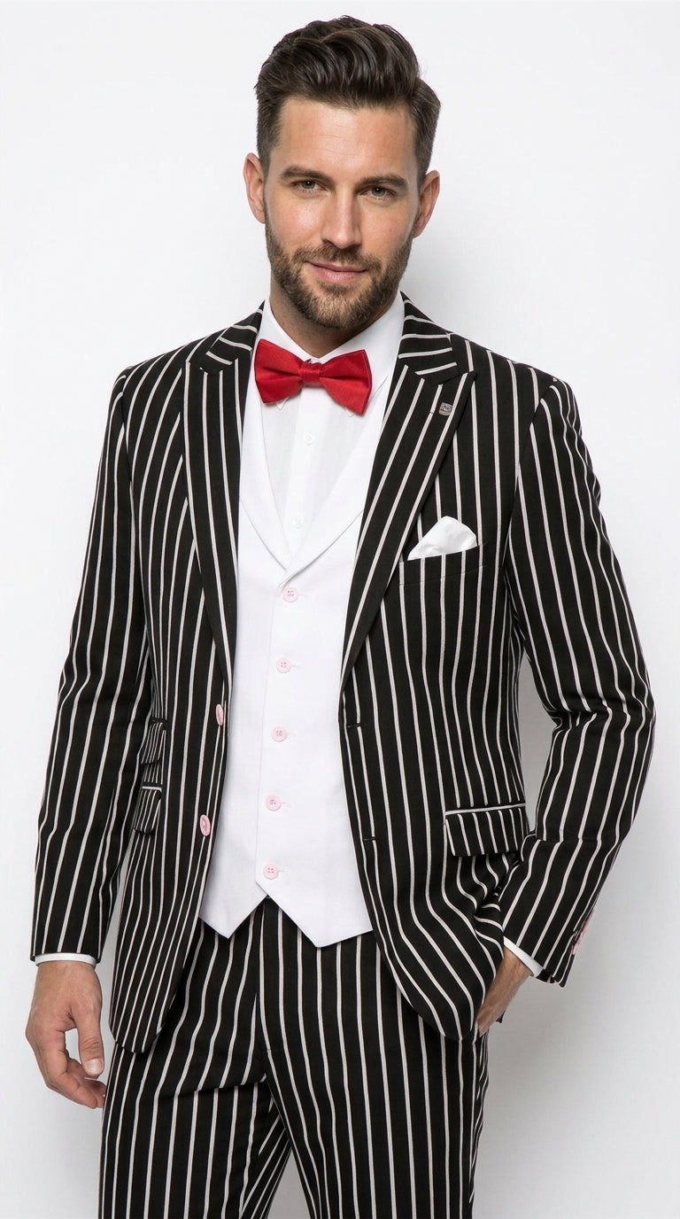 Men’s Black 1920s Bold Pinstripe Gangster Suit with Vest, Vintage Formal Party Dress Suit