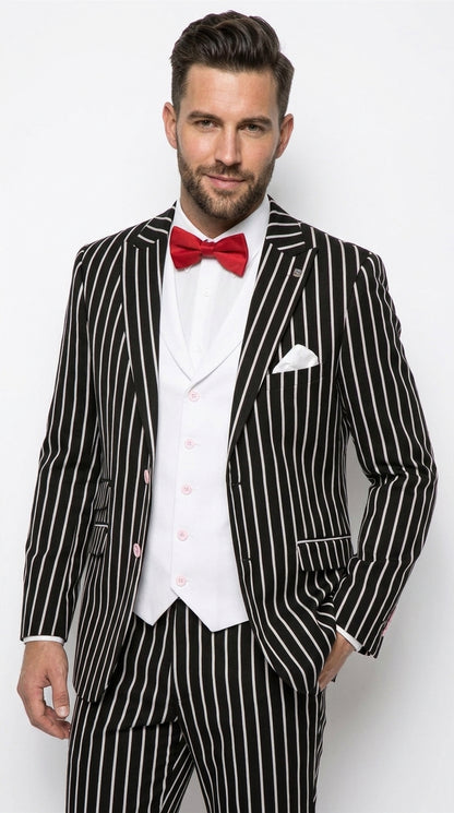 Men’s Black 1920s Bold Pinstripe Gangster Suit with Vest, Vintage Formal Party Dress Suit