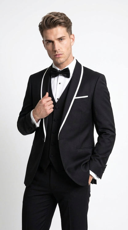 Men's Statement Suits Black 3-Piece Fashion Tuxedo – White Piping Shawl Lapel Wedding, Prom & Formal Dinner Suit