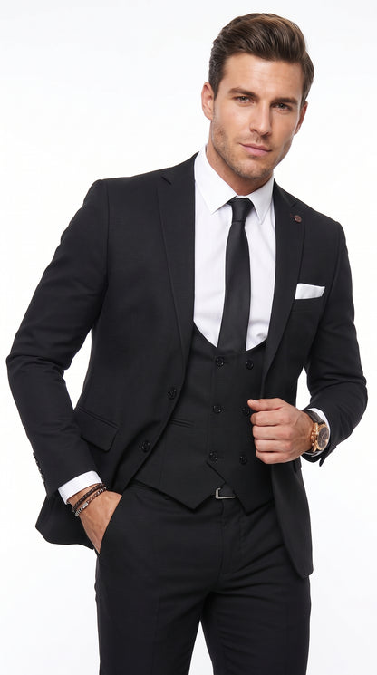 Men’s Black 2 Button Suit with Double Breasted Vest, White Shirt and Black Tie Formal Set