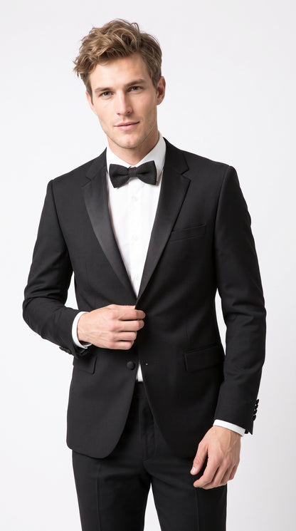 Men’s Black Wool Tuxedo Suit, 2 Button Modern Fit Formal Wedding Prom Tuxedo