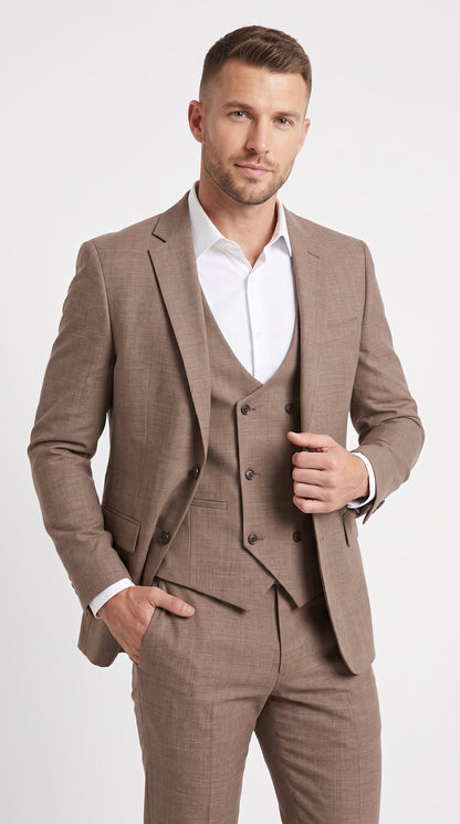 Men’s Dark Tan Mocha 3 Piece Wedding Suit, Double Breasted Vest Formal Groom and Groomsmen Suit