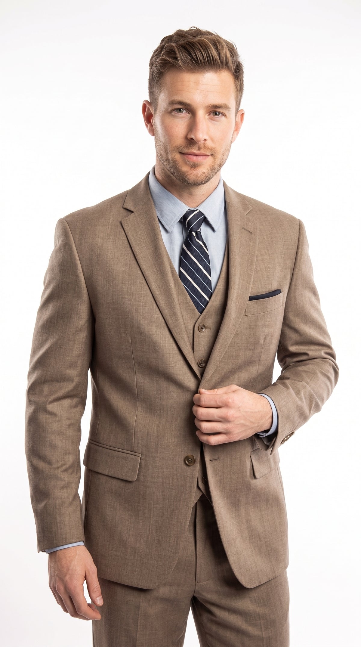 Men’s Tan Classic Fit 3 Piece Suit, Two Button Formal Wedding Business Suit with Vest