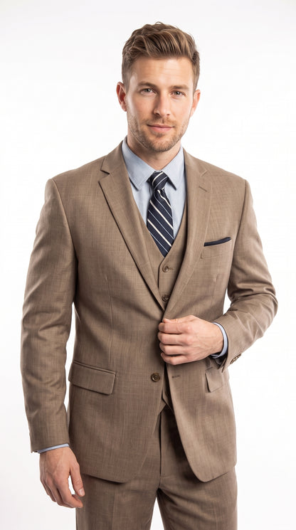 Men’s Tan Classic Fit 3 Piece Suit, Two Button Formal Wedding Business Suit with Vest