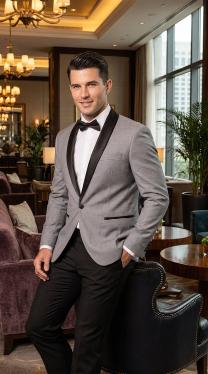 Men’s Light Grey Dinner Jacket with Black Shawl Lapel – 1 Button Tuxedo Blazer