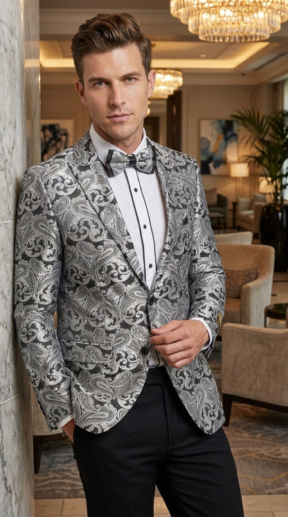 Men’s Silver Grey & Black Paisley Dinner Jacket – Formal Tuxedo Blazer