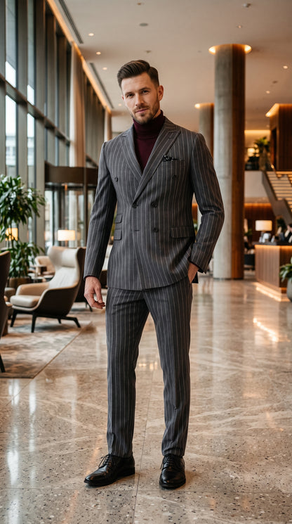 Newbury Men’s Gray Pinstripe Double Breasted Suit, Peak Lapel Formal Wedding Business Suit