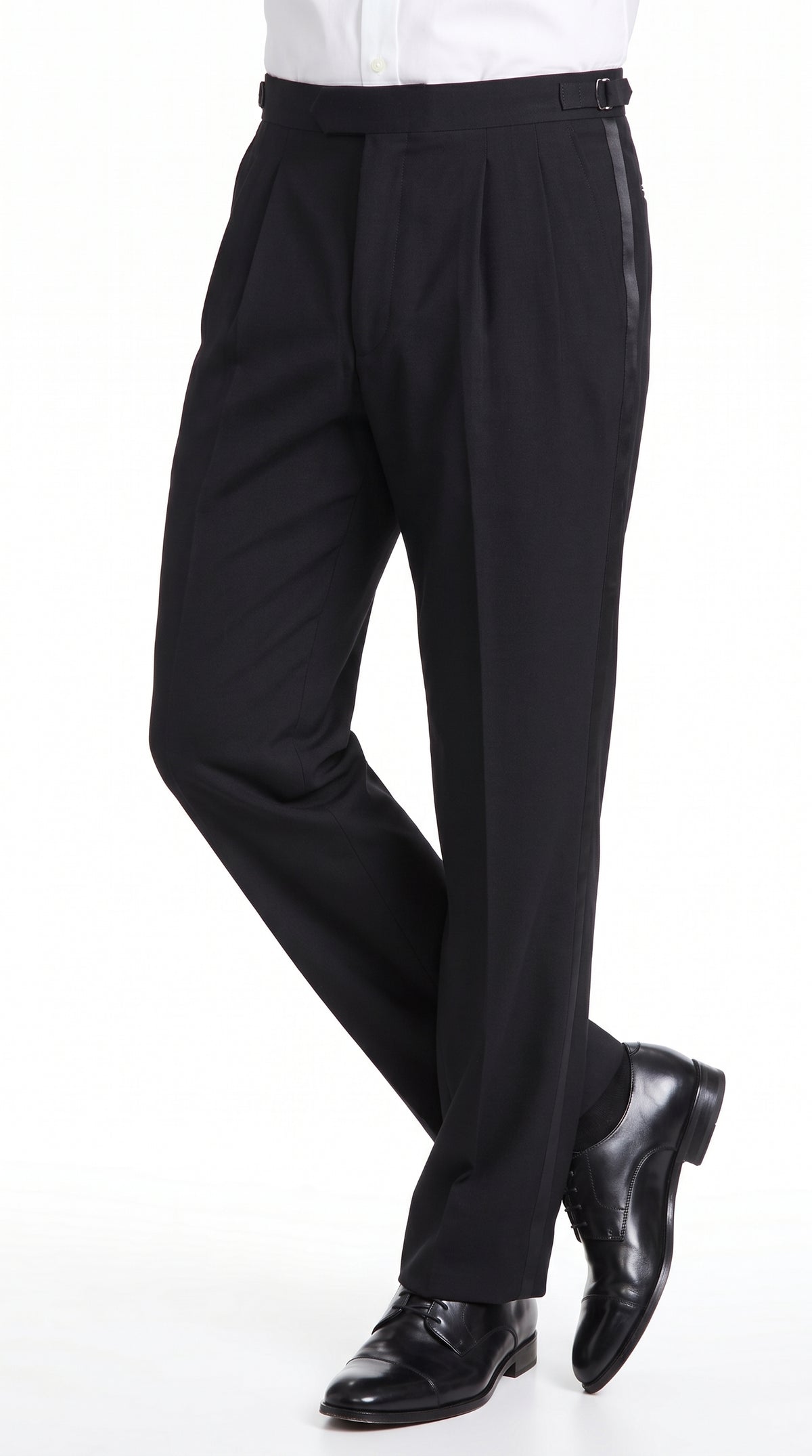 Men’s Black Super 100s Wool Tuxedo Pants, Double Pleated Formal Dress Pants with Unhemmed Bottoms