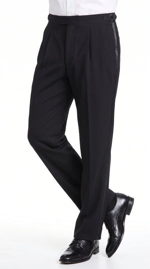 Men’s Black Super 100s Wool Tuxedo Pants, Double Pleated Formal Dress Pants with Unhemmed Bottoms