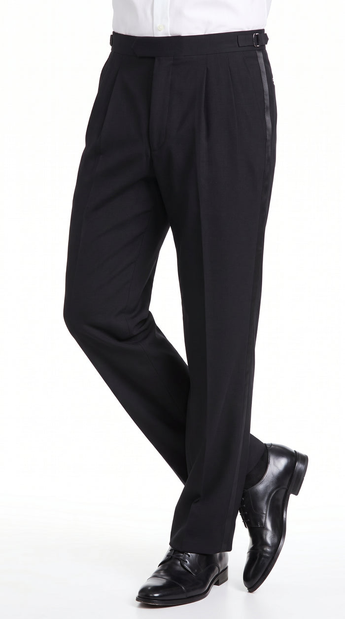 Men’s Black Super 100s Wool Tuxedo Pants, Double Pleated Formal Dress Pants with Unhemmed Bottoms