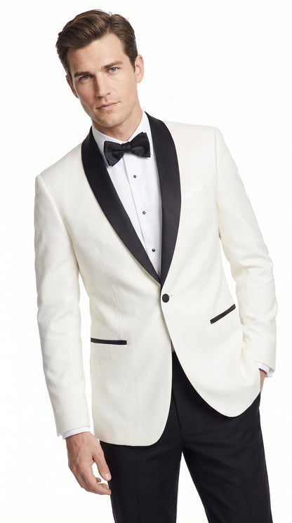 Men’s Cream and Black Shawl Lapel Tuxedo Jacket, Designer Formal Dinner Blazer