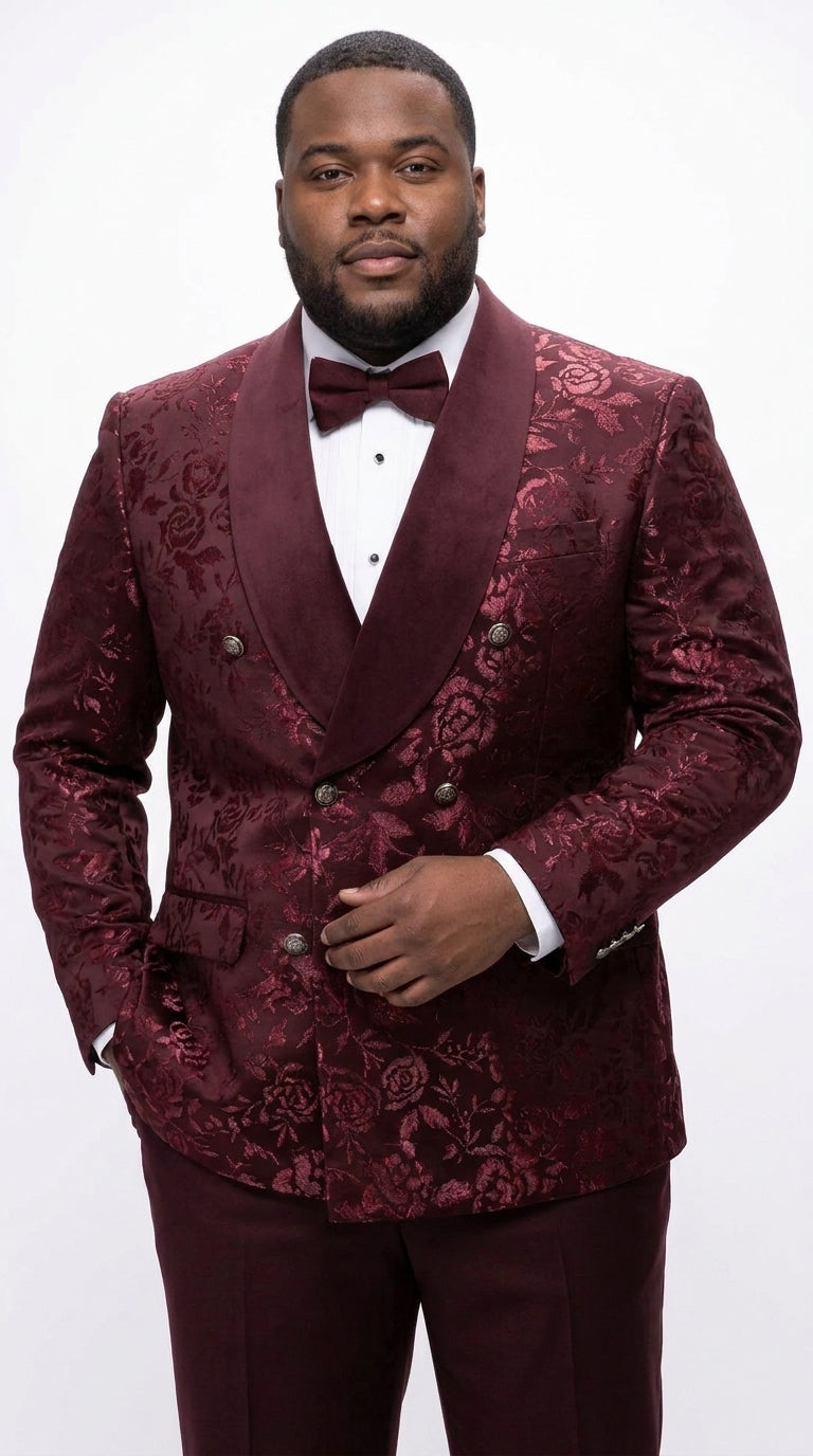 Men’s Burgundy Floral Jacquard Tuxedo Dinner Jacket, Paisley Velvet Lapel Formal Wedding Prom Blazer