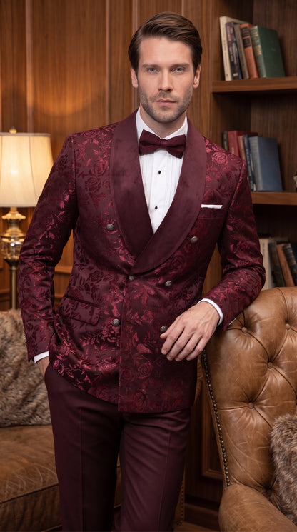 Men’s Burgundy Floral Jacquard Tuxedo Dinner Jacket, Paisley Velvet Lapel Formal Wedding Prom Blazer