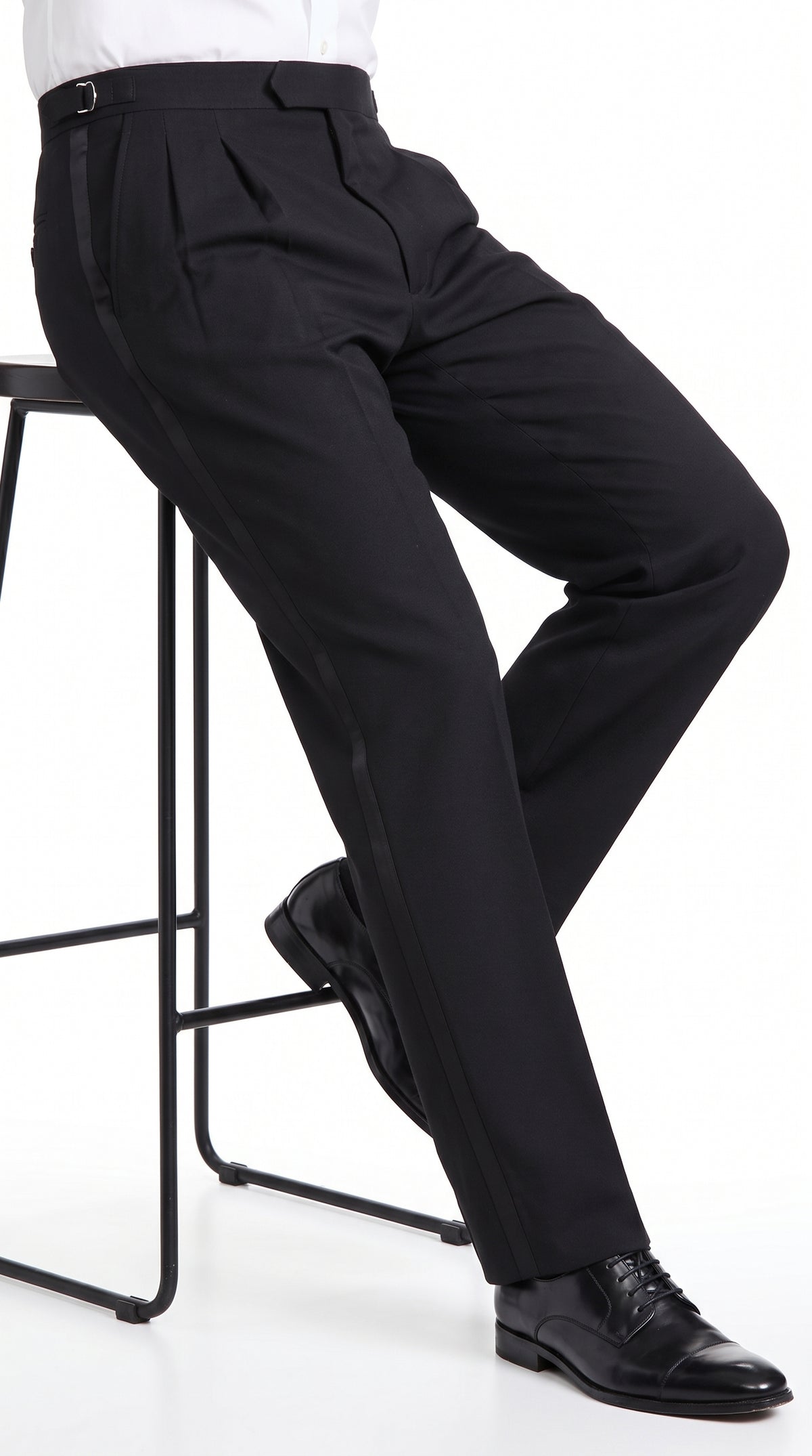 Men’s Black Super 100s Wool Tuxedo Pants, Double Pleated Formal Dress Pants with Unhemmed Bottoms