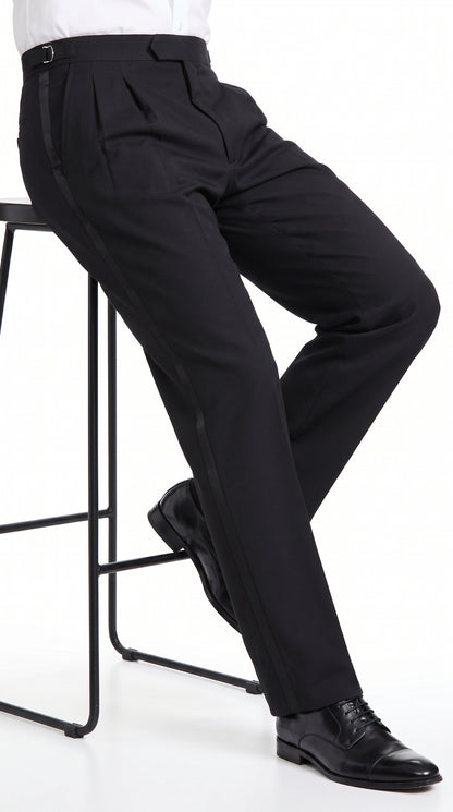 Men’s Black Super 100s Wool Tuxedo Pants, Double Pleated Formal Dress Pants with Unhemmed Bottoms