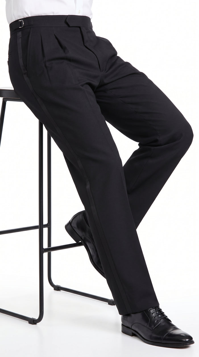 Men’s Black Super 100s Wool Tuxedo Pants, Double Pleated Formal Dress Pants with Unhemmed Bottoms