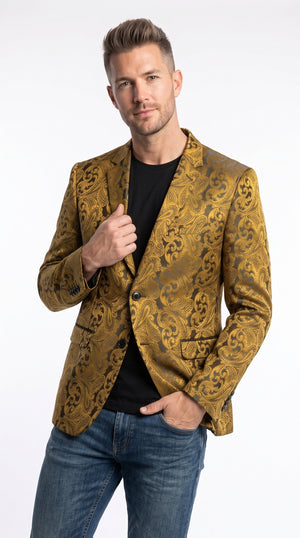 Men’s Black and Gold Paisley Party Blazer, Luxury Floral Jacquard Dinner Jacket for Weddings Prom and Formal Events