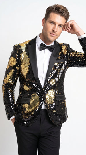 Men’s Black and Gold Reversible Sequin Blazer, Formal Party Dinner Jacket for Prom and Stage Events