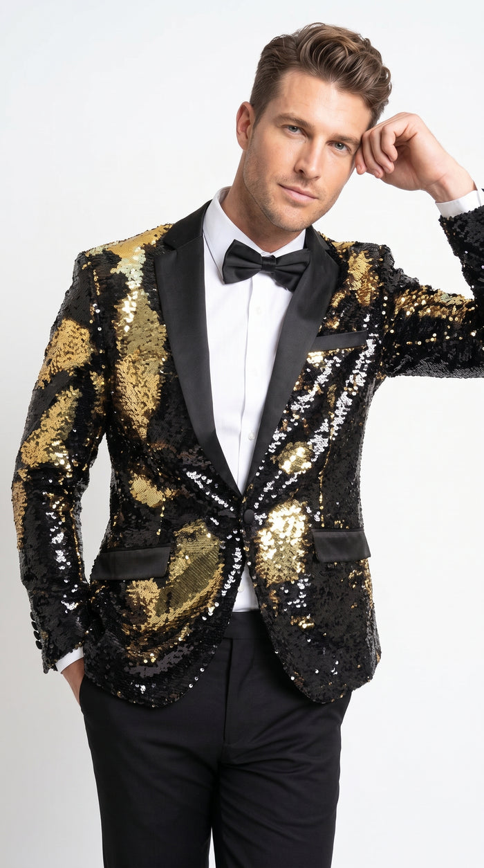 Men’s Black and Gold Reversible Sequin Blazer, Formal Party Dinner Jacket for Prom and Stage Events