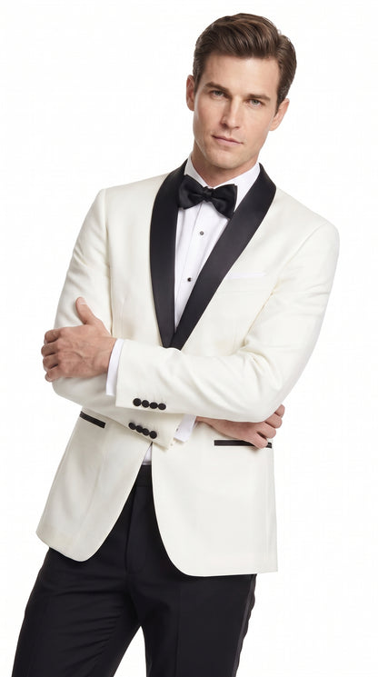 Men’s Cream and Black Shawl Lapel Tuxedo Jacket, Designer Formal Dinner Blazer