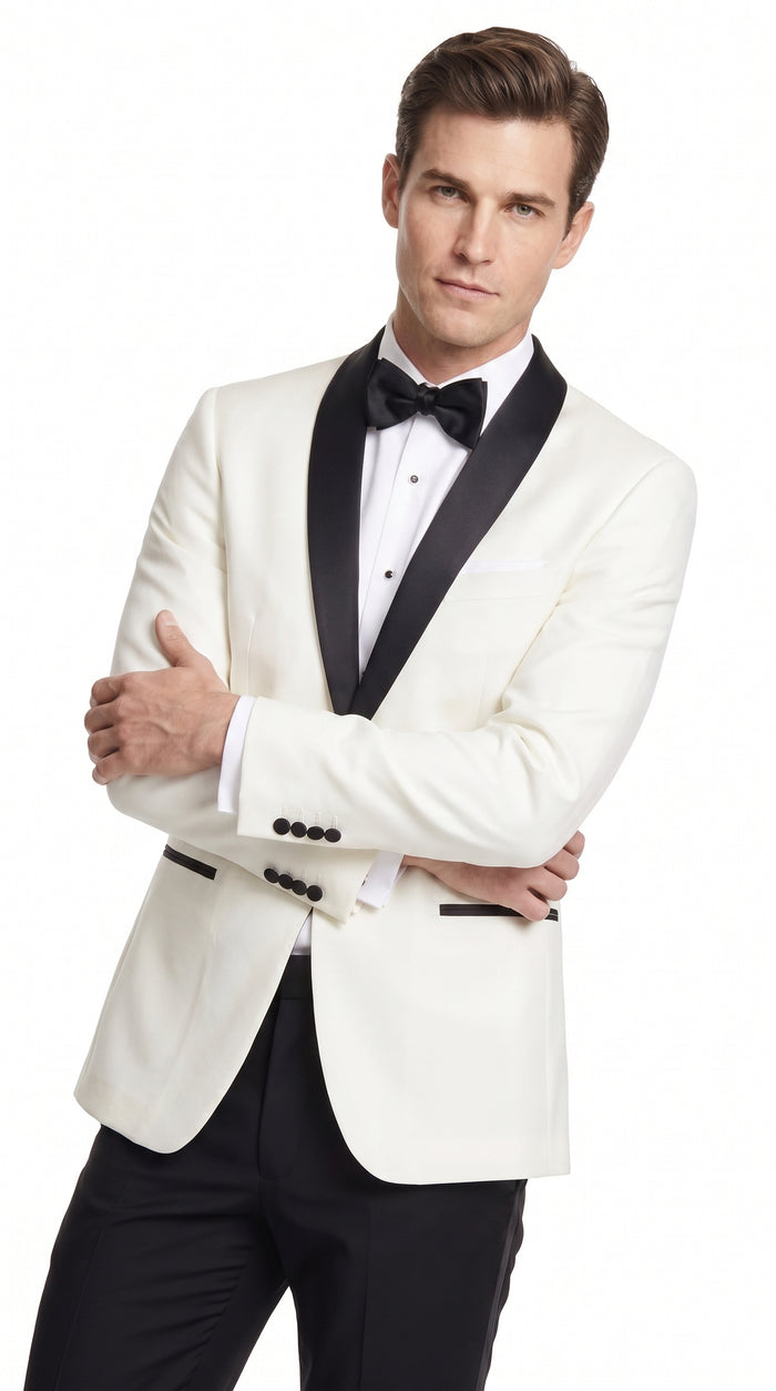 Men’s Cream and Black Shawl Lapel Tuxedo Jacket, Designer Formal Dinner Blazer