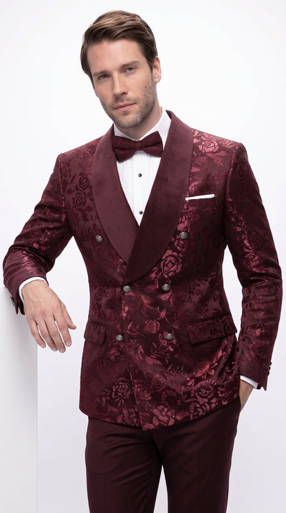 Men’s Burgundy Floral Jacquard Tuxedo Dinner Jacket, Paisley Velvet Lapel Formal Wedding Prom Blazer