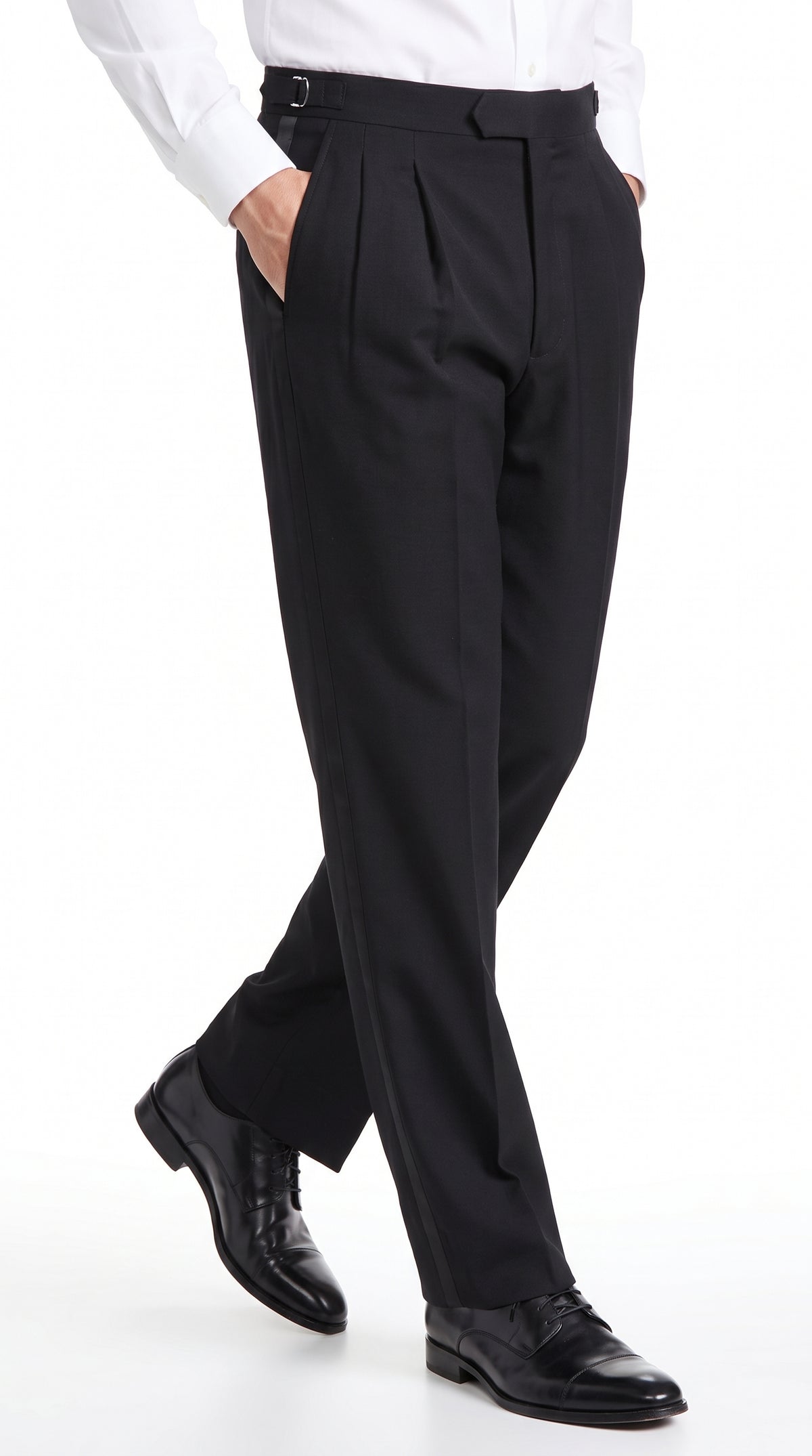 Men’s Black Super 100s Wool Tuxedo Pants, Double Pleated Formal Dress Pants with Unhemmed Bottoms