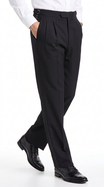Men’s Black Super 100s Wool Tuxedo Pants, Double Pleated Formal Dress Pants with Unhemmed Bottoms