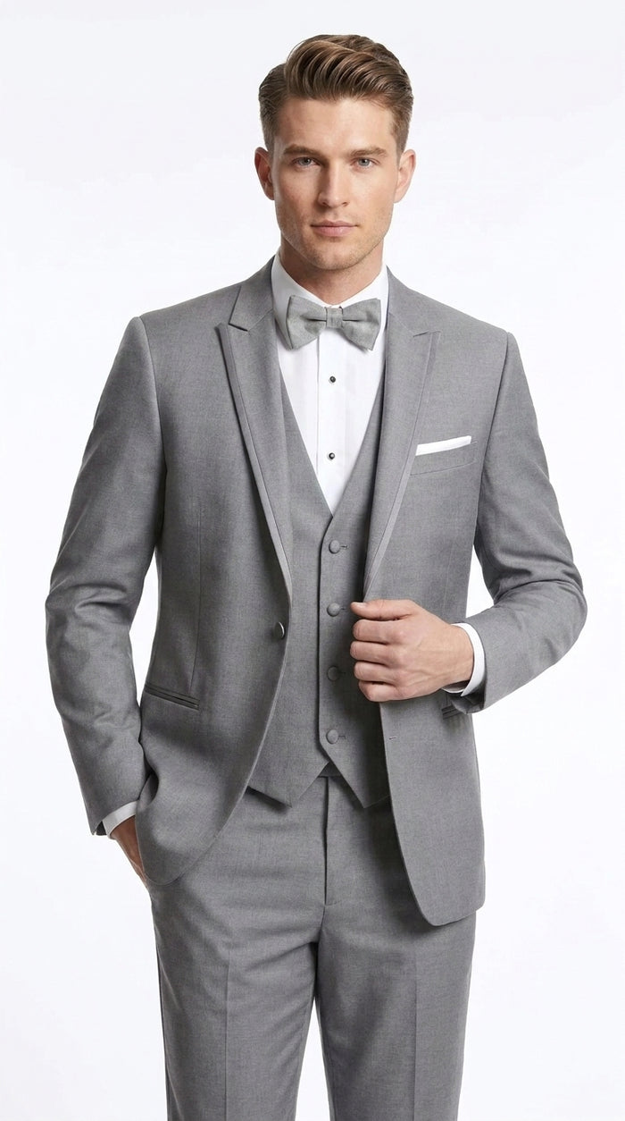 Men’s Light Grey Wedding Tuxedo Suit, Designer Formal Prom Groom Suit with Satin Trim