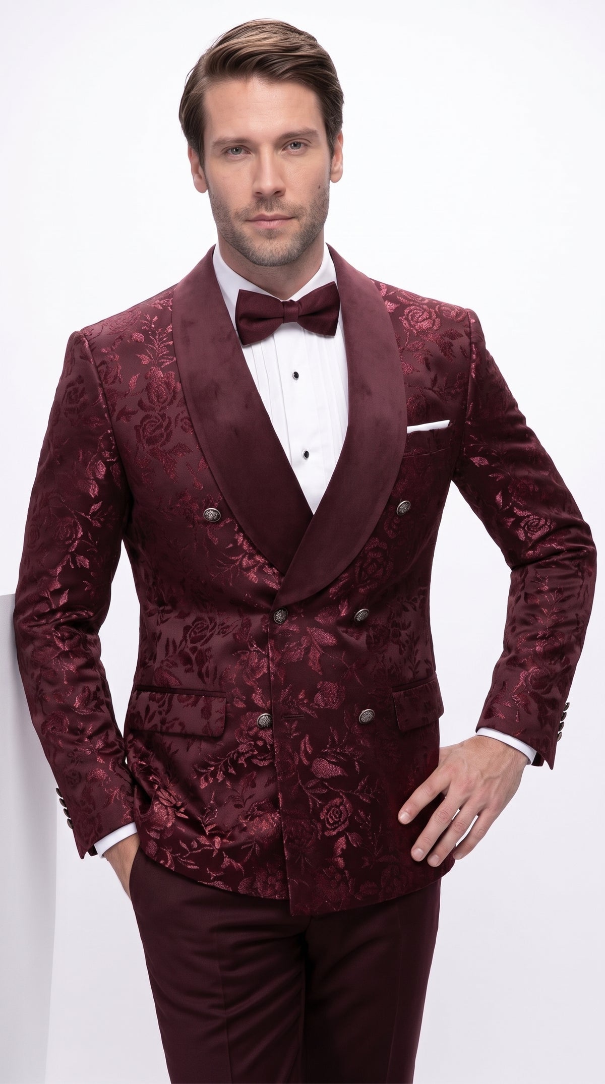 Men’s Burgundy Floral Jacquard Tuxedo Dinner Jacket, Paisley Velvet Lapel Formal Wedding Prom Blazer