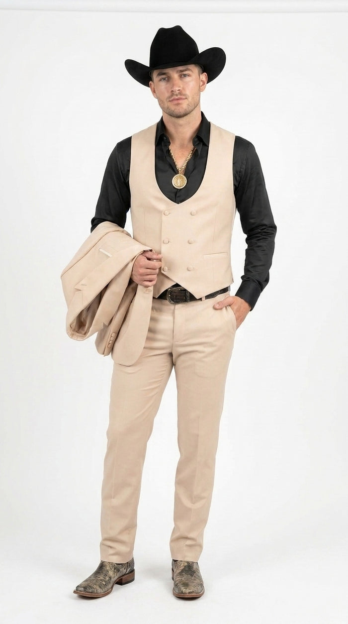 Men’s Light Beige Western 3 Piece Suit, Cowboy Tuxedo with Shawl Lapel