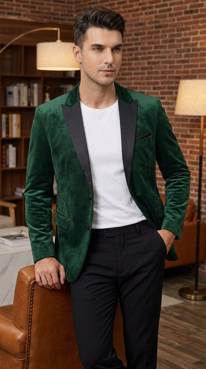 Men’s Hunter Green Velvet Prom Blazer Tuxedo Jacket with Black Peak Lapel
