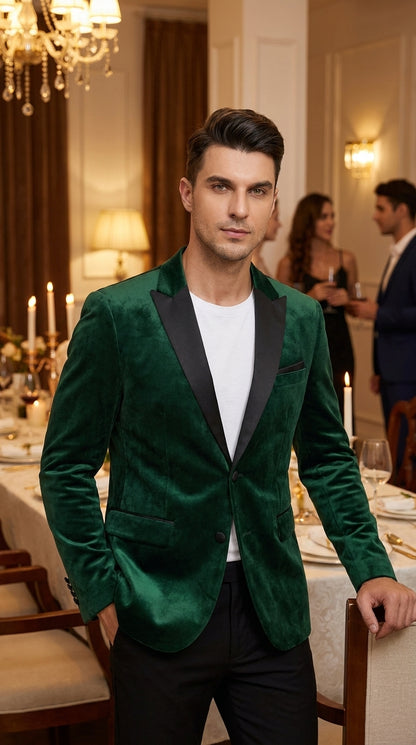 Men’s Hunter Green Velvet Prom Blazer Tuxedo Jacket with Black Peak Lapel