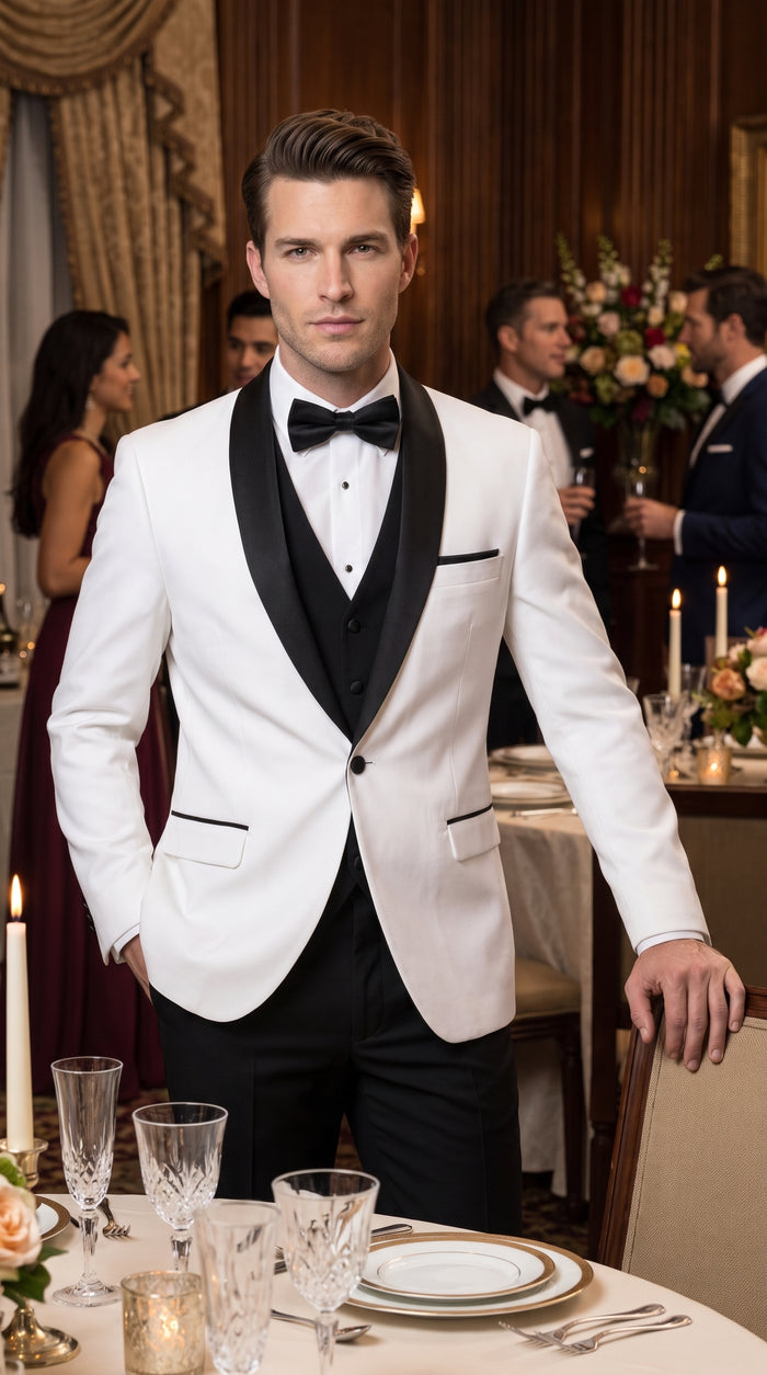 Men’s White and Black Shawl Lapel Dinner Jacket, 1 Button Wool Formal Tuxedo Blazer