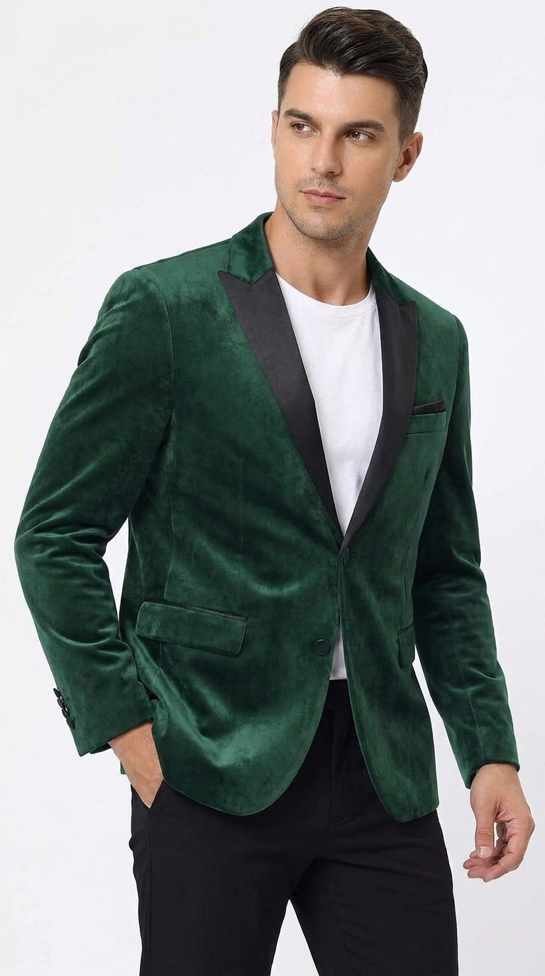 Men’s Hunter Green Velvet Prom Blazer Tuxedo Jacket with Black Peak Lapel