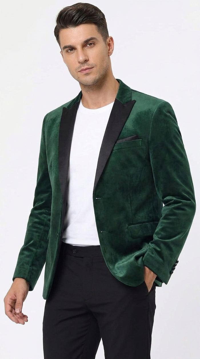 Men’s Hunter Green Velvet Prom Blazer Tuxedo Jacket with Black Peak Lapel