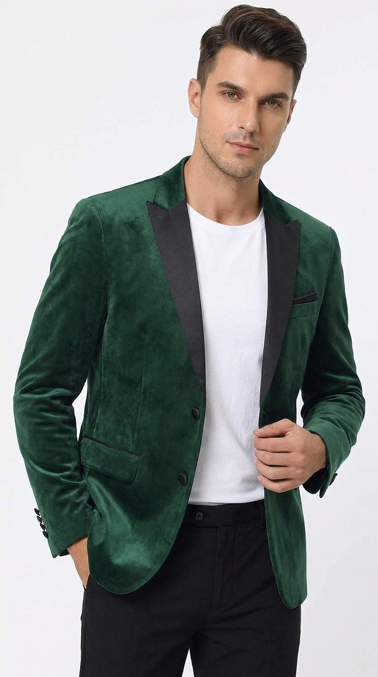 Men’s Hunter Green Velvet Prom Blazer Tuxedo Jacket with Black Peak Lapel