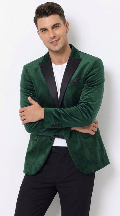 Men’s Hunter Green Velvet Prom Blazer Tuxedo Jacket with Black Peak Lapel