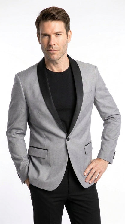 Men’s Light Grey Wool Dinner Jacket, 1 Button Black Shawl Lapel Formal Tuxedo Blazer