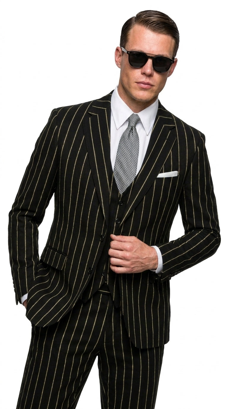 Men’s Black Gangster Pinstripe Suit, 2 Button Vintage 1920s Formal Dress Suit