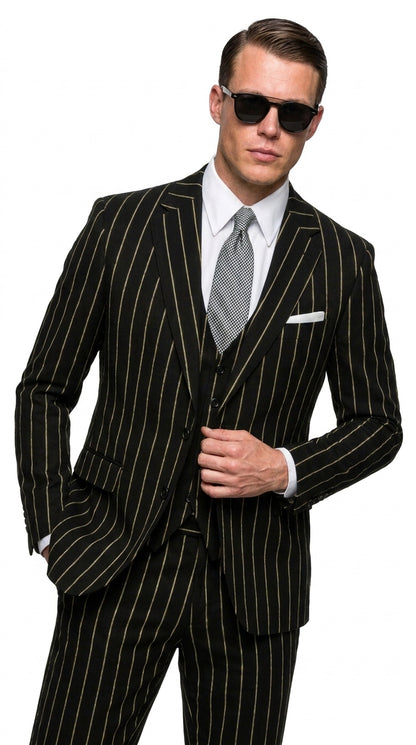 Men’s Black Gangster Pinstripe Suit, 2 Button Vintage 1920s Formal Dress Suit