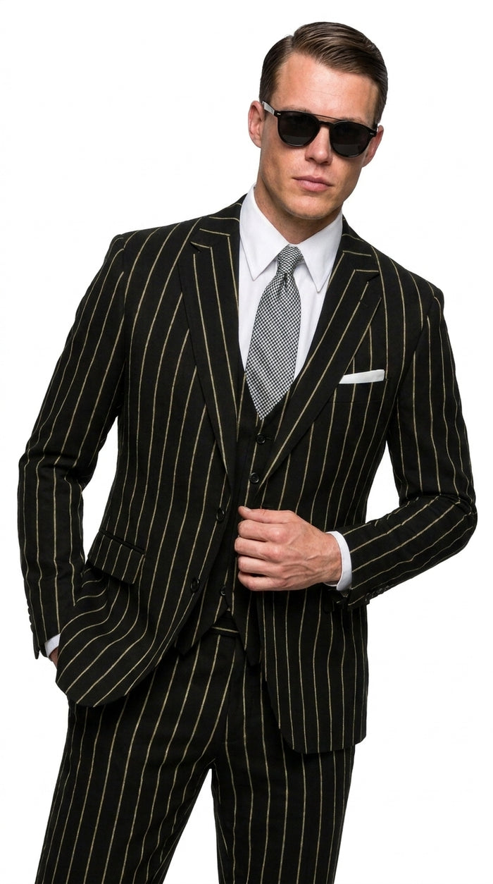 Men’s Black Gangster Pinstripe Suit, 2 Button Vintage 1920s Formal Dress Suit